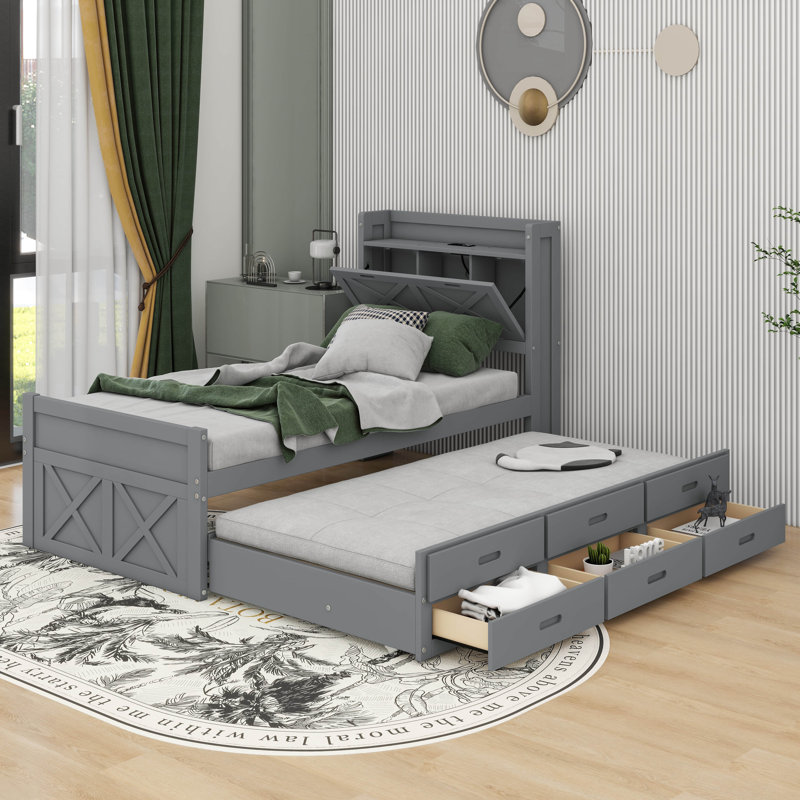 Gracie Oaks Twin Size Wooden Bed With Storage Headboard With Outlets Extendable Bed With Twin Size Trundle With Three Storage Drawers Wayfair
